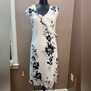 Y2K Black & White Floral Ruffle Cocktail Midi Dress Date Night Size Petite 8